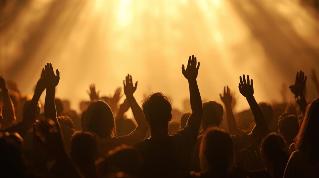 silhouettes of people with raised hands in worship, golden sunlight shining through, soft glowing background, spiritual and inspiring atmosphere